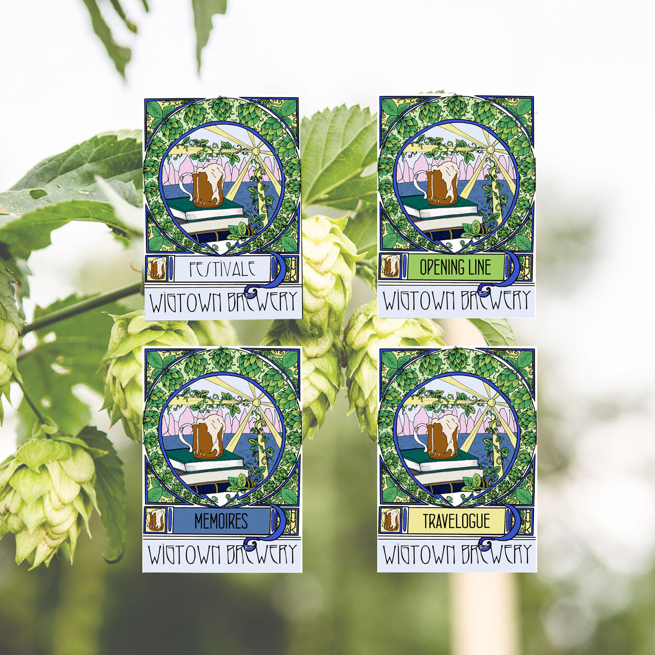Blurred image of hops with Beer Bottle labels in front